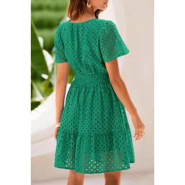 PRETTYGARDEN Womens 2025 Summer Short Dress V Neck Short Sleeve A Line Hollow Out Lace Ruffle Cute C...