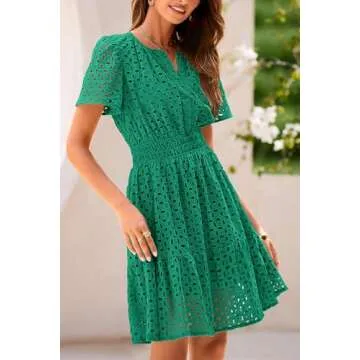PRETTYGARDEN Womens 2025 Summer Short Dress V Neck Short Sleeve A Line Hollow Out Lace Ruffle Cute Casual Beach Party Dresses (Dark Green,X-Large)