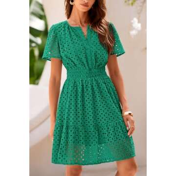 PRETTYGARDEN Womens 2025 Summer Short Dress V Neck Short Sleeve A Line Hollow Out Lace Ruffle Cute Casual Beach Party Dresses (Dark Green,X-Large)