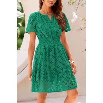 PRETTYGARDEN Womens 2025 Summer Short Dress V Neck Short Sleeve A Line Hollow Out Lace Ruffle Cute Casual Beach Party Dresses (Dark Green,X-Large)