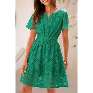 PRETTYGARDEN Womens 2025 Summer Short Dress V Neck Short Sleeve A Line Hollow Out Lace Ruffle Cute Casual Beach Party Dresses (Dark Green,X-Large)