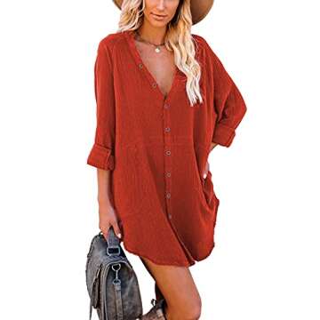 iGENJUN Women's Long Sleeve Button Down Oversized Fall Dress Shirt Beach Dress Cover Ups Boho Dresse...