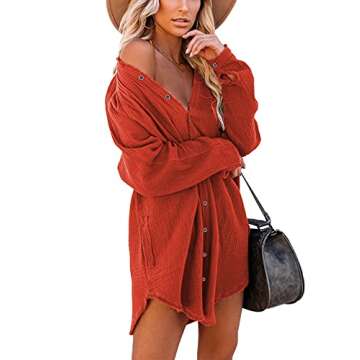 iGENJUN Women's Long Sleeve Button Down Oversized Fall Dress Shirt Beach Dress Cover Ups Boho Dresses with Pockets,S,Orange