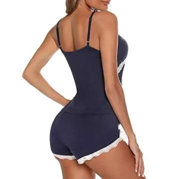 Quzzion Pajama Set for Women V Neck Pj Sleep Wears 2pcs Sleeping Tank Tops and Panty Cami Sleepwear, Navy Blue
