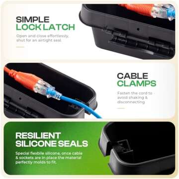 SockitBox – The Original Weatherproof Connection Box – Indoor & Outdoor Electrical Power Cord Enclosure for Timers, Extension Cables, Holiday Lights, Power Tools, Fountains & More – Size Small – Black