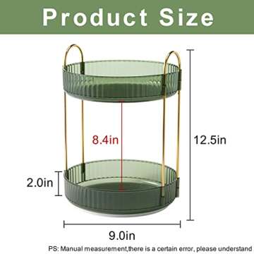 INVSSENE 360° Rotating Makeup Organizer, Bathroom Make Up Spinning Holder Rack, Large Capacity Cosmetics Storage Vanity Shelf Countertop, Fits Cosmetics, Perfume, Skincare, Lipsticks(2 Tiers, Green)