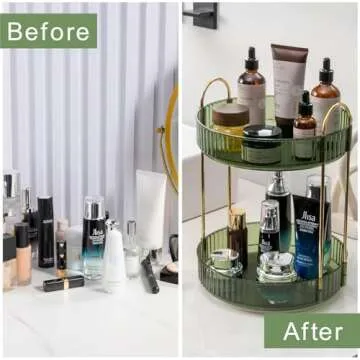 INVSSENE 360° Rotating Makeup Organizer, Bathroom Make Up Spinning Holder Rack, Large Capacity Cosmetics Storage Vanity Shelf Countertop, Fits Cosmetics, Perfume, Skincare, Lipsticks(2 Tiers, Green)