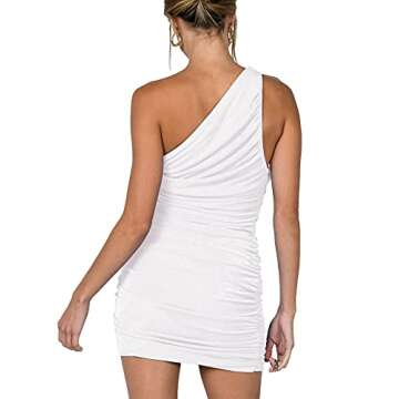 LYANER Women's Sexy One Shoulder Ruched Sleeveless Bodycon Mini Short Dress White Medium