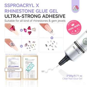 SAVILAND Rhinestone Glue for Nails: 2Pcs 20g Strong-Bond Nail Rhinestones Glue Gel with Precision Tip for Nail Charms, Gems and Jewels Decoration 3D Nail Art Gel Cured Need DIY Home Gift Women