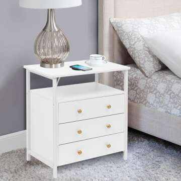 Edbuosy 3 Wooden Drawers Night Stand, 27 Inch Wide Nightstand with Charging Station and Adjustable D...