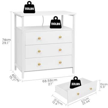 Edbuosy 3 Wooden Drawers Night Stand, 27 Inch Wide Nightstand with Charging Station and Adjustable Drawers, Bedside Table for Living Room/Bedroom/Office, White.