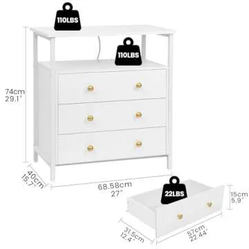 Edbuosy 3 Wooden Drawers Night Stand, 27 Inch Wide Nightstand with Charging Station and Adjustable Drawers, Bedside Table for Living Room/Bedroom/Office, White.