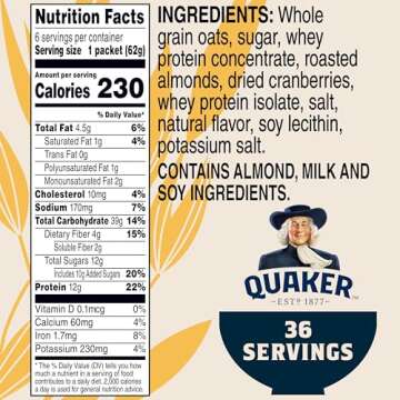 Quaker Instant Oatmeal, Select Starts, Protein, Cranberry Almond, Breakfast Cereal, 6 Packets Per Box (Pack of 6 Boxes)