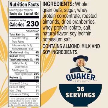 Quaker Instant Oatmeal, Select Starts, Protein, Cranberry Almond, Breakfast Cereal, 6 Packets Per Box (Pack of 6 Boxes)