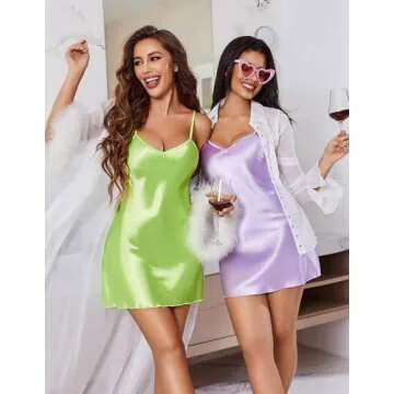 Avidlove Women's Satin Sleepwear V Neck Nightgown Sexy Spaghetti Strap Lingerie Chemises Mini Slip Short Nightwear Fluorescent Green