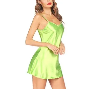 Avidlove Women's Satin Sleepwear V Neck Nightgown Sexy Spaghetti Strap Lingerie Chemises Mini Slip Short Nightwear Fluorescent Green