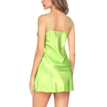 Avidlove Women's Satin Sleepwear V Neck Nightgown Sexy Spaghetti Strap Lingerie Chemises Mini Slip Short Nightwear Fluorescent Green