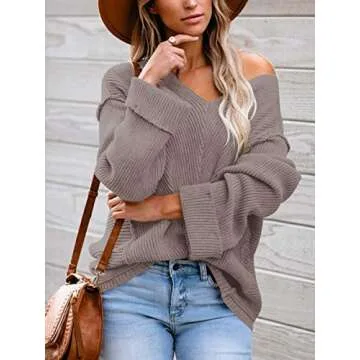 ANRABESS Women's Off The Shoulder V Neck Bell Sleeve Knit Sweater Casual Pullover Jumper A225kaqi-M