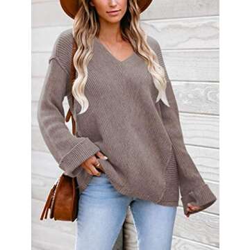 ANRABESS Women's Off The Shoulder V Neck Bell Sleeve Knit Sweater Casual Pullover Jumper A225kaqi-M