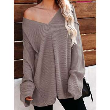 ANRABESS Women's Off The Shoulder V Neck Bell Sleeve Knit Sweater Casual Pullover Jumper A225kaqi-M
