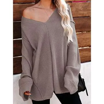 ANRABESS Women's Off The Shoulder V Neck Bell Sleeve Knit Sweater Casual Pullover Jumper A225kaqi-M