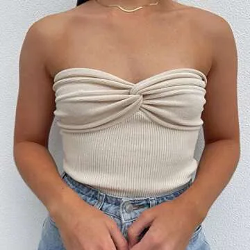 Sdencin Women Sleeveless Sexy Twist Front Knit Bandeau Tube Top Summer Strapless Solid Cute Crop Tank Top Bustier (S US Women, Apricot)