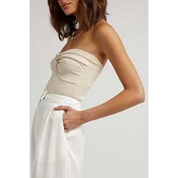 Sdencin Women Sleeveless Sexy Twist Front Knit Bandeau Tube Top Summer Strapless Solid Cute Crop Tank Top Bustier (S US Women, Apricot)