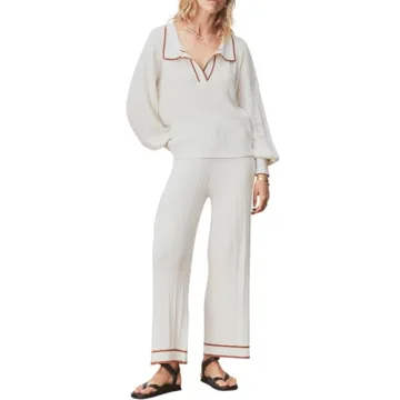 Tankaneo Womens Lounge Sets Long Lantern Sleeve Knit Sweaters and Wide Leg Pants 2 Piece Outfits White