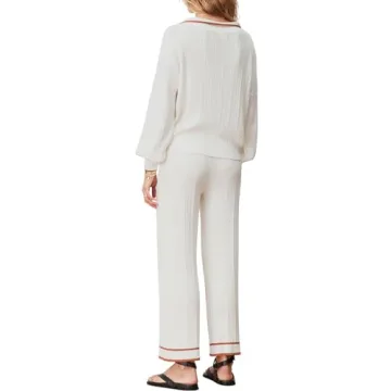 Tankaneo Womens Lounge Sets Long Lantern Sleeve Knit Sweaters and Wide Leg Pants 2 Piece Outfits White