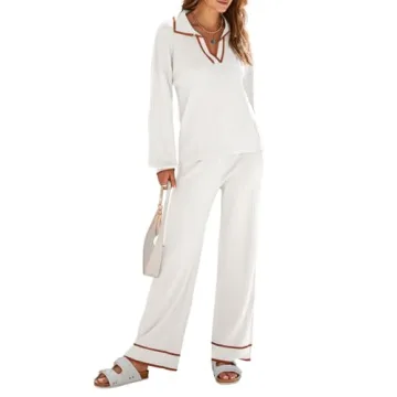 Tankaneo Womens Lounge Sets Long Lantern Sleeve Knit Sweaters and Wide Leg Pants 2 Piece Outfits White