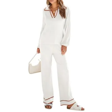 Tankaneo Womens Lounge Sets Long Lantern Sleeve Knit Sweaters and Wide Leg Pants 2 Piece Outfits White
