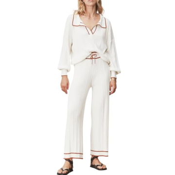 Tankaneo Womens Lounge Sets Long Lantern Sleeve Knit Sweaters and Wide Leg Pants 2 Piece Outfits White