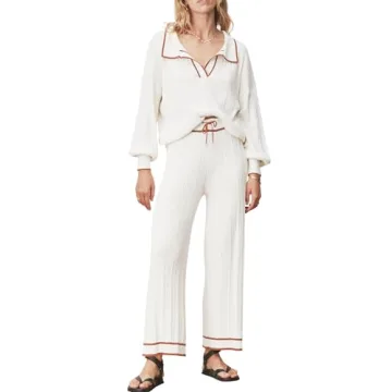 Tankaneo Womens Lounge Sets Long Lantern Sleeve Knit Sweaters and Wide Leg Pants 2 Piece Outfits White