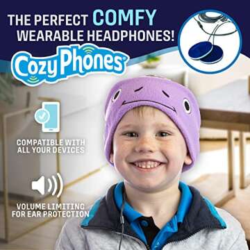 CozyPhones Over The Ear Headband Headphones - Kids Headphones Volume Limited with Thin Speakers & Super Soft Fleece Headband - Purple Frog