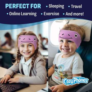 CozyPhones Over The Ear Headband Headphones - Kids Headphones Volume Limited with Thin Speakers & Super Soft Fleece Headband - Purple Frog