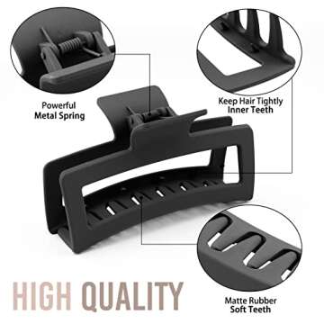 ZYTJ 5 Inche Black Extra Large Claw Clips for Thick Hair and Long Hair, 4 Pack Xl Jumbo Claw clips, Oversized Matte Non-slip Rectangle Hair Clips for Women, Big Strong Hold Jaw Clip