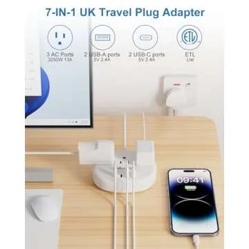 UK Travel Plug Adapter with Multiple Outlets and USB Ports