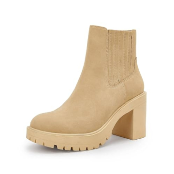 Syktkmx Womens Platform Chelsea Ankle Boots Lug Sole Chunky Block Heel Slip On Accordion High Top We...