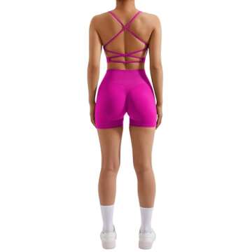 RXRXCOCO Seamless Workout Sets for Women 2 Piece Strappy Sports Bras Scrunch Butt Booty Shorts Matching Yoga Outfits Pink Medium