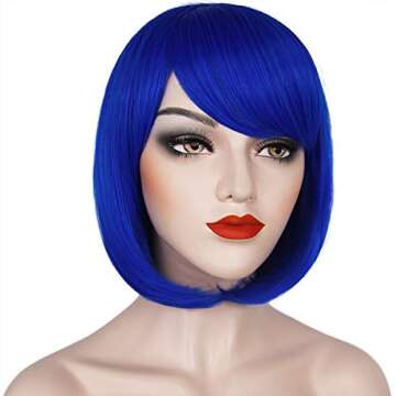 Mersi Blue Bob Wigs for Women Short Hair Wig with Bangs Straight Synthetic Wigs Fashion Cute Wigs for Cosplay Party Halloween S054