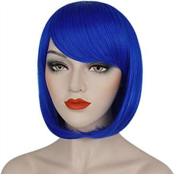 Mersi Blue Bob Wigs for Women Short Hair Wig with Bangs Straight Synthetic Wigs Fashion Cute Wigs for Cosplay Party Halloween S054