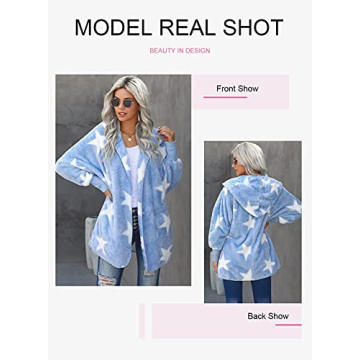 Dokotoo Womens Casual Ladies Female Fuzzy Fashion 2023 Winter Fall Oversized Open Front Long Sleeve Fluffy Hoodies Fleece Cardigans Sweaters Jacket Coats Outerwear Scatter Star Blue Medium