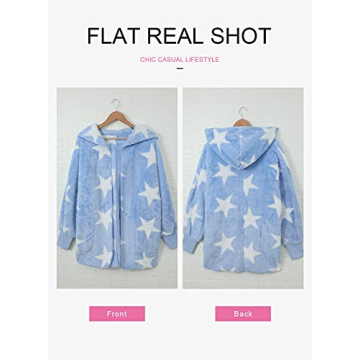 Dokotoo Womens Casual Ladies Female Fuzzy Fashion 2023 Winter Fall Oversized Open Front Long Sleeve Fluffy Hoodies Fleece Cardigans Sweaters Jacket Coats Outerwear Scatter Star Blue Medium