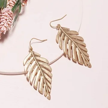 Boho Artistic Vintage Leaf Metal Dangle Drop Statement Earrings for Women