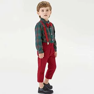 Moyikiss Studio Toddler Dress Suit Baby Boys Gentleman Clothes Sets Bow Ties Shirts + Suspenders Pants Outfits (Green, 120/5T)