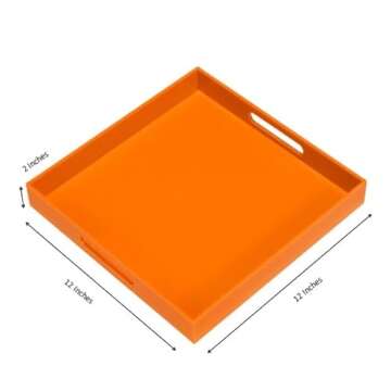 KEVLANG Orange Sturdy Acrylic Serving Tray with Handles-12x12Inch-Serving Coffee,Food,Breakfast,Butl...