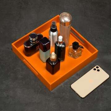 KEVLANG Orange Sturdy Acrylic Serving Tray with Handles-12x12Inch-Serving Coffee,Food,Breakfast,Butler-Kitchen Countertop Tray-Makeup Drawer Organizer-Vanity Table,Ottoman Tray-Decorative Tray
