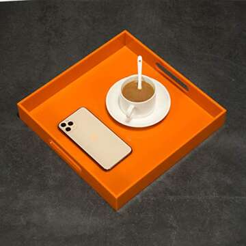 KEVLANG Orange Sturdy Acrylic Serving Tray with Handles-12x12Inch-Serving Coffee,Food,Breakfast,Butler-Kitchen Countertop Tray-Makeup Drawer Organizer-Vanity Table,Ottoman Tray-Decorative Tray