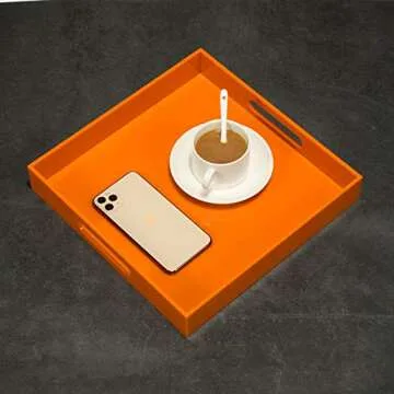 KEVLANG Orange Sturdy Acrylic Serving Tray with Handles-12x12Inch-Serving Coffee,Food,Breakfast,Butler-Kitchen Countertop Tray-Makeup Drawer Organizer-Vanity Table,Ottoman Tray-Decorative Tray