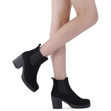 DREAM PAIRS Women's High Chunky Heel Chelsea Ankle Boots Slip On Elastic Fall Heeld Booties Shoes,Size 8,Black,FRE